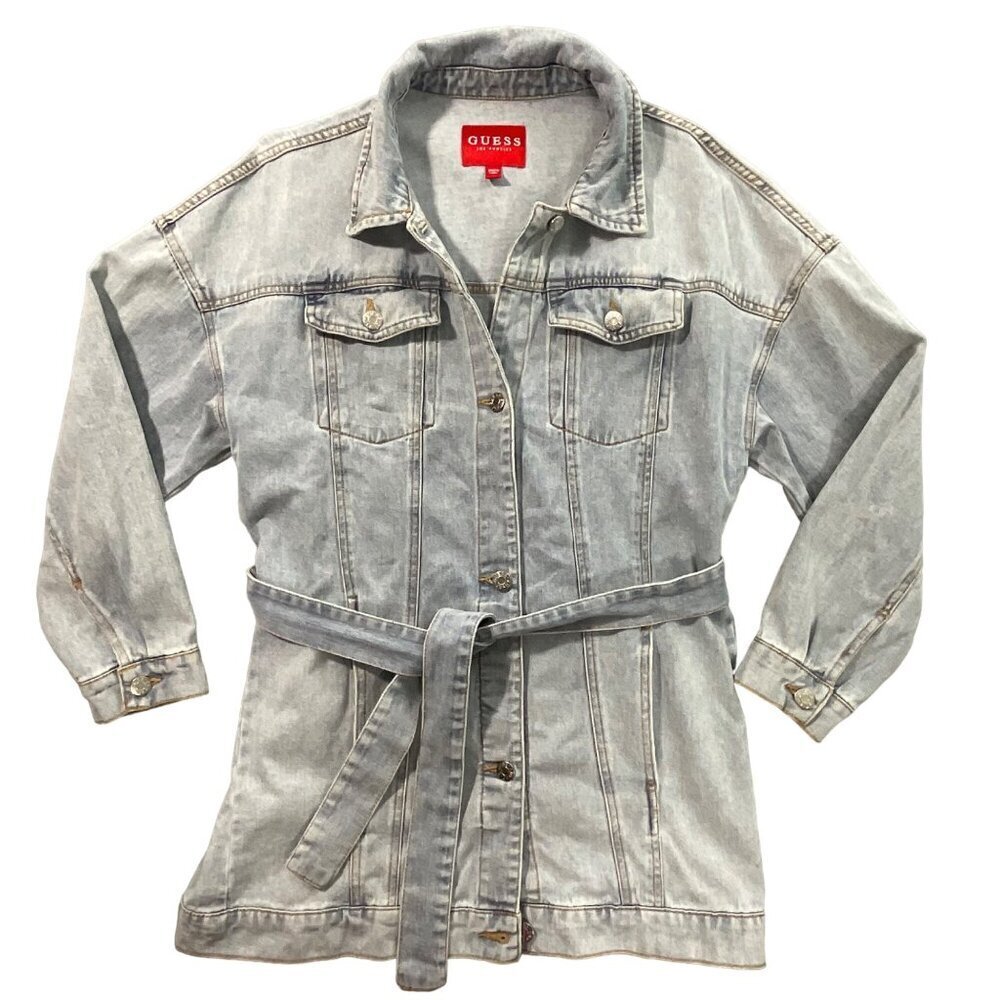 Guess Denim Longline‎ Belted Jean Jacket Womens S Blue Coastal Cowgirl Pockets